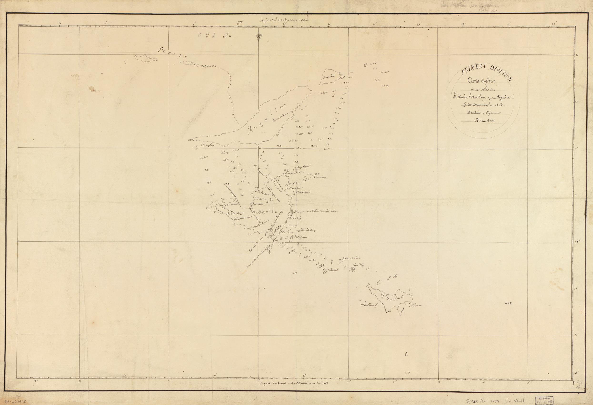 Carta esférica de las yslas de Sn. Martin, Sn. Bartolome y Anguila